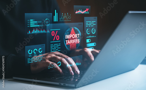 Import tariffs and economic data visualization concept with increasing growth and trade war indicators displayed on futuristic digital interface screen.