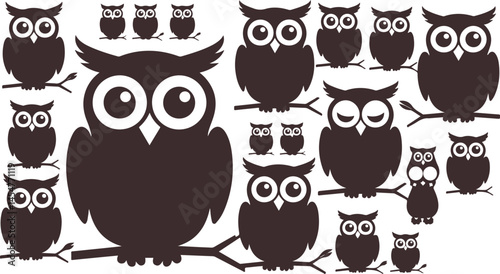 A white background vector illustration of a series of owl silhouettes with wide eyes, facing to the left in different sizes and arrangements