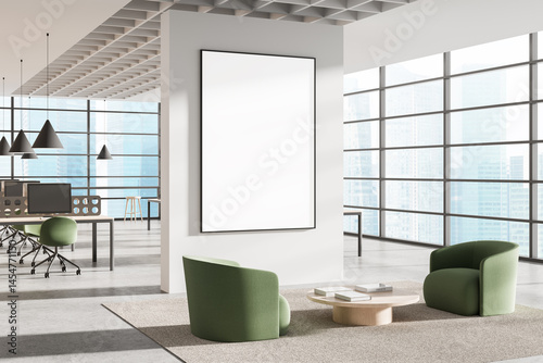 Modern office interior with blank framed poster on clean white wall and green chairs in waiting area with panoramic window view and soft lighting. 3D Rendering