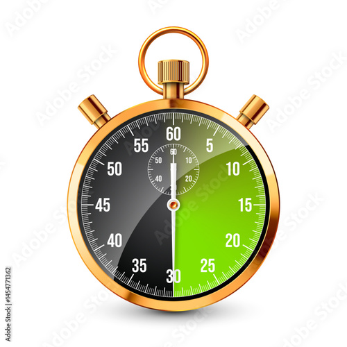Realistic classic stopwatch. Shiny golden metal chronometer, time counter with dial. Green countdown timer showing minutes and seconds. Time measurement for sport, start, finish. Vector illustration