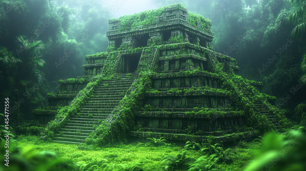 Obraz premium Ancient temple overgrown with lush jungle foliage