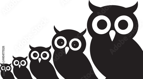 A white background vector illustration of a collection of owl silhouettes with wide-open eyes, gazing to the left in various sizes and positions