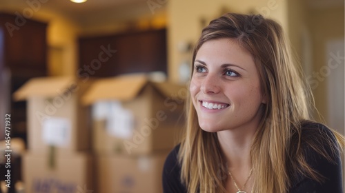 Free Download Young woman smiles amid moving boxes, embracing a fresh start with optimism.
 - GFXLoad