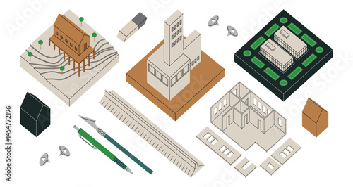 Vector illustration featuring architectural scale models of various houses, essential drawing and modeling tools. Perfect for architecture studio branding, educational materials and design concepts.