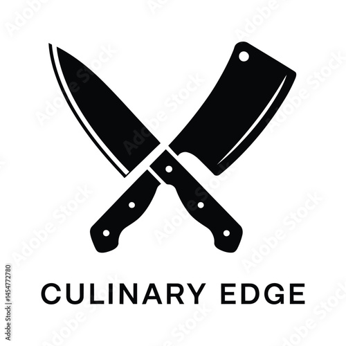 Minimalist black and white vector illustration of crossed kitchen knives with bold contrast