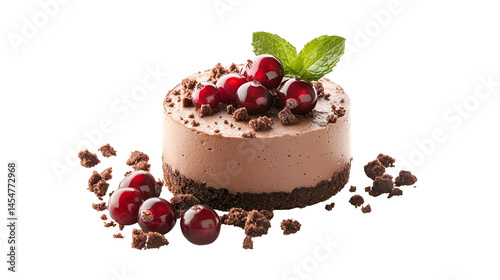 A chocolate cake with cherries and mint leaves on a white background in studio light