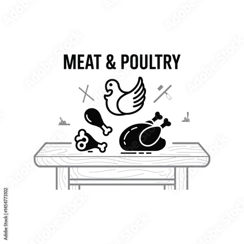 Minimalist black and white vector icons of poultry and meat cuts for menu or butcher shop design