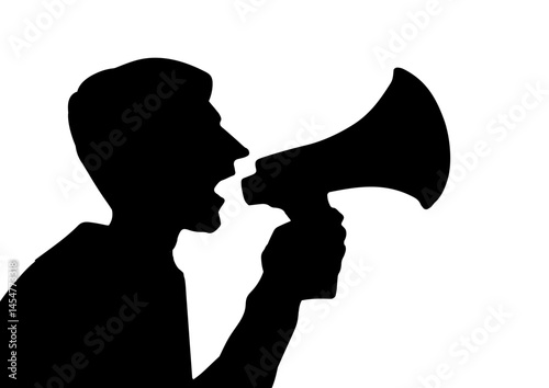 The man shouts into the loudspeaker. Vector drawing