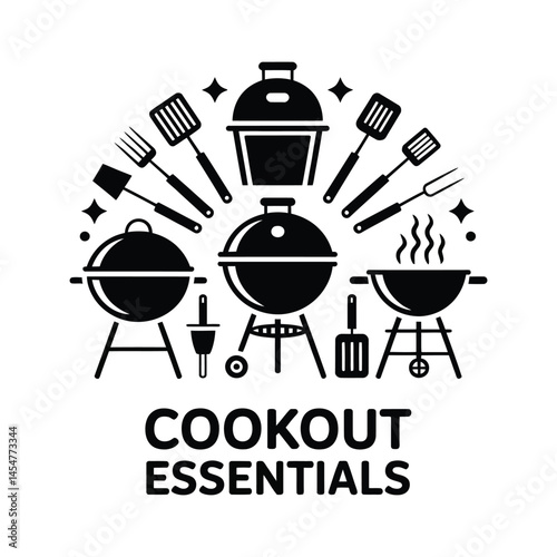 Minimalist black and white vector silhouette icons of barbecue grills and outdoor cooking equipment