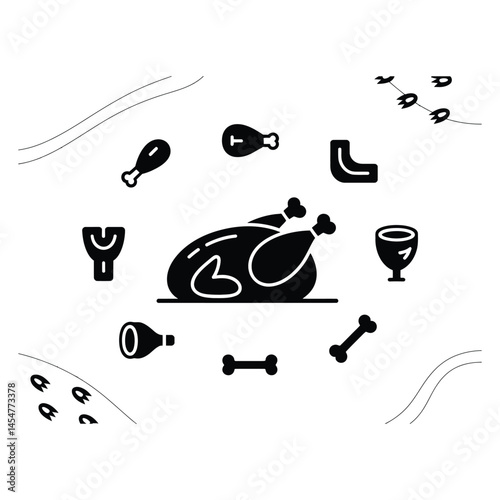 Minimalist black and white vector icons of poultry and meat cuts for menu or butcher shop design