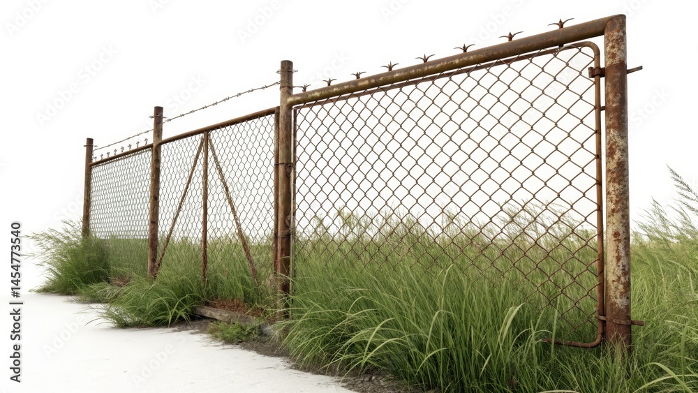 Rusty Chain Link Fence with Overgrown Grass in Abandoned Area Rusty Chain Link Fence with Overgrown Grass in Abandoned Area