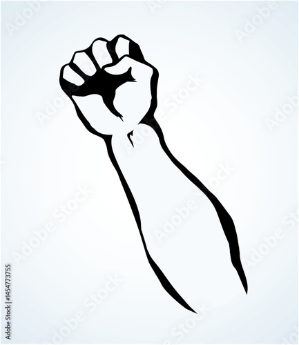 Raise hold victory rage riot resist leader worker winner palm line on white. Outline black drawn rebel tough attack win part boom logo emblem icon concept sketch in retro pop art poster vector style