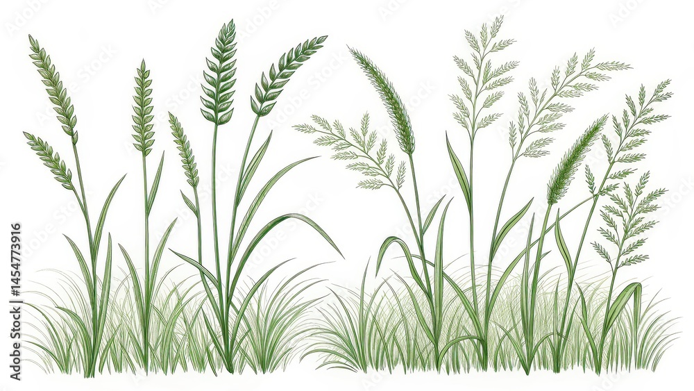 Fototapeta premium Detailed Illustration of Various Grasses and Wheat Stalks in Nature