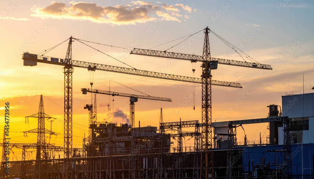 Industrial Construction Site Silhouetted Against Vibrant Sunset Sky Industrial Construction Site Silhouetted Against Vibrant Sunset Sky