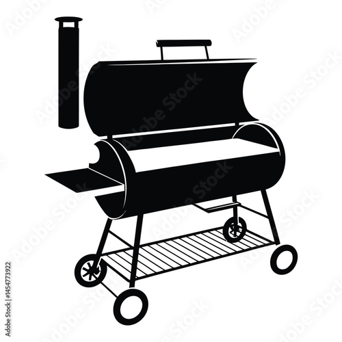 Black silhouette of an offset smoker barbecue grill in side view with detailed structure