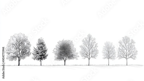 The traditional cad tree line drawing is shown in side view, with graphic trees elements in outline. This is a modern illustration in stroke fill of white and is suitable for architecture and