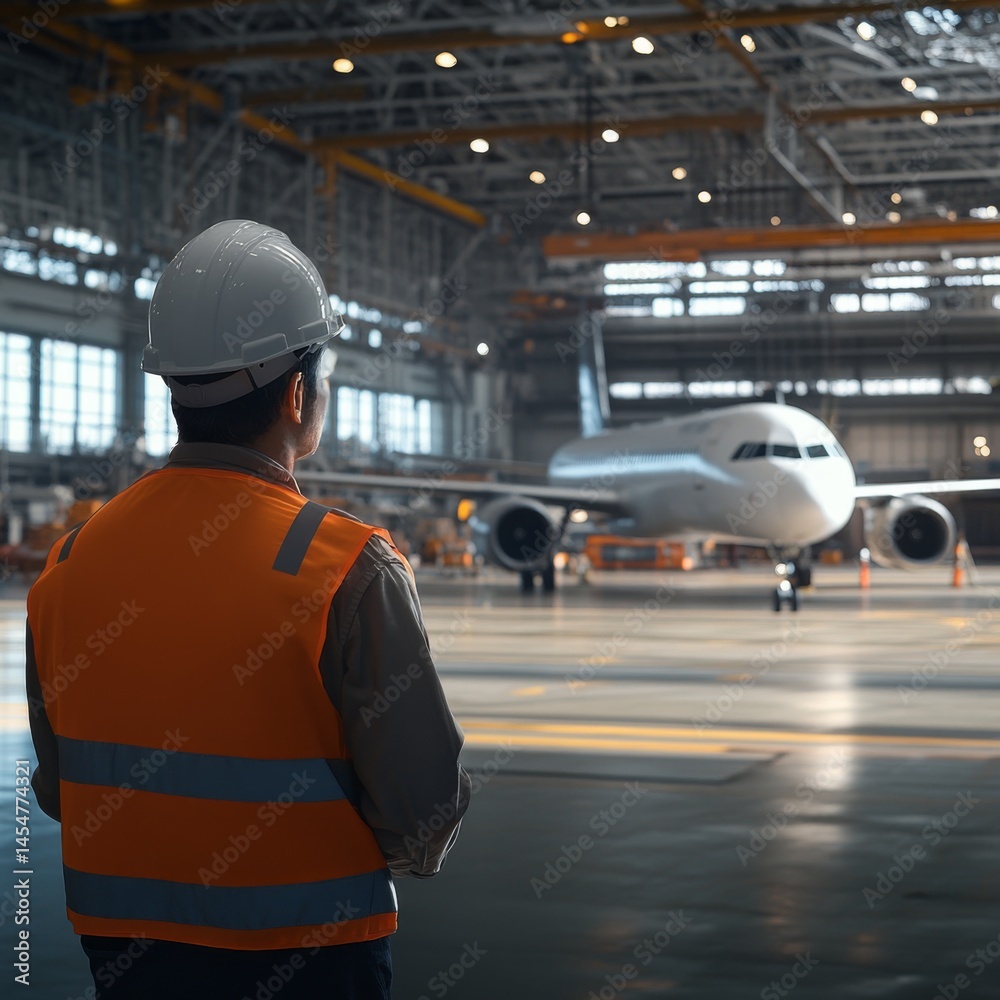 Fototapeta premium An engineer wearing an orange safety vest and a white hard hat stands in the foreground, with their back to the viewer, looking at an airplane inside a hangar.