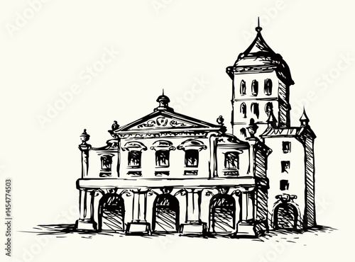 Aged romantic summer downtown place. Big line medieval facade door scenery. Outline black ink hand drawn picture in art retro cartoon doodle engrave print style. Paper text space on white sky backdrop
