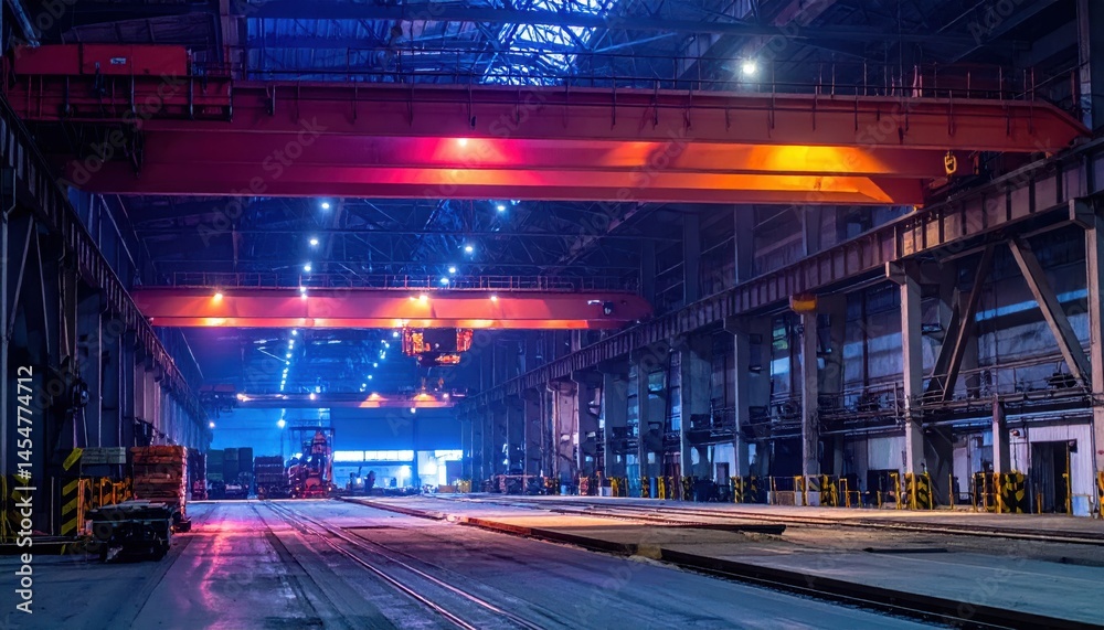 Naklejka premium Industrial Warehouse with Crane and Dramatic Lighting Effects