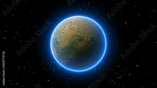 Exoplanet with a Glowing Atmosphere in Deep Space with Starfield