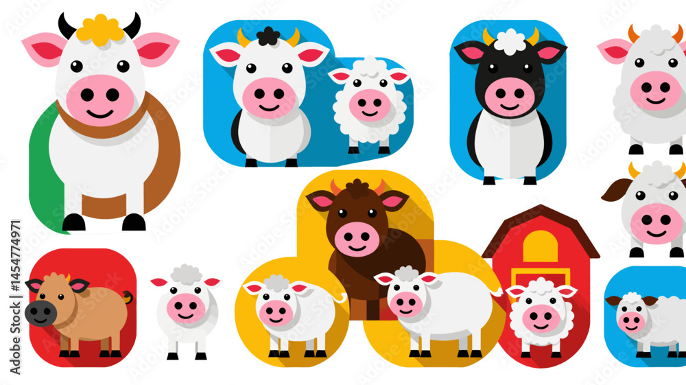 Fototapeta premium Cartoon Farm Animals Illustration_Cute Cows and Sheep Clipart_Perfect for Childrens Books and Farm Themed Designs_Colorful and Engaging Graphics