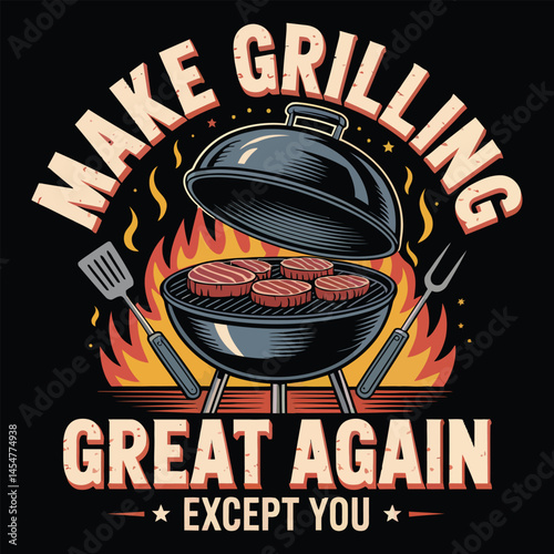 Vintage-style t-shirt design with chrome barbecue grill and sizzling steaks on black background