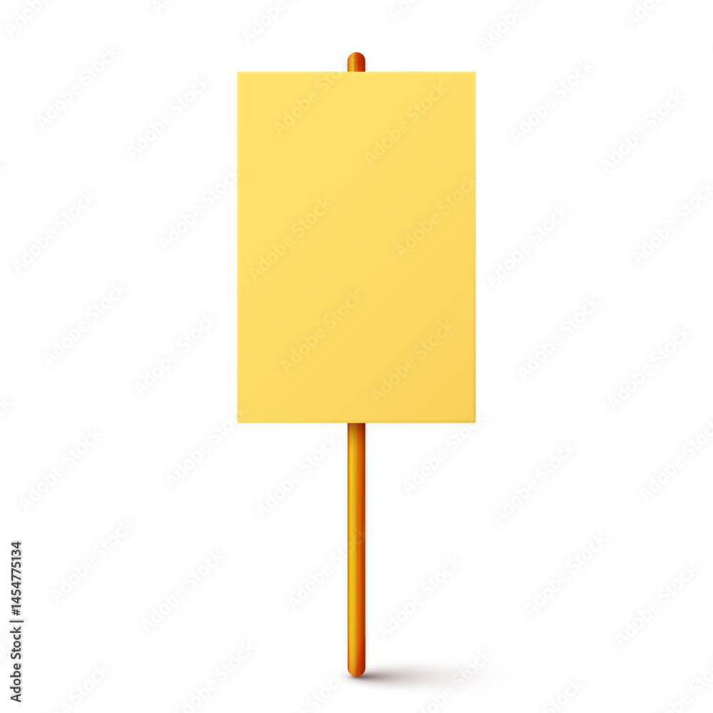 Blank colorful protest sign with wooden holder. Demonstration banner. Strike action cardboard placard mockup. Social advertisement. Vector illustration