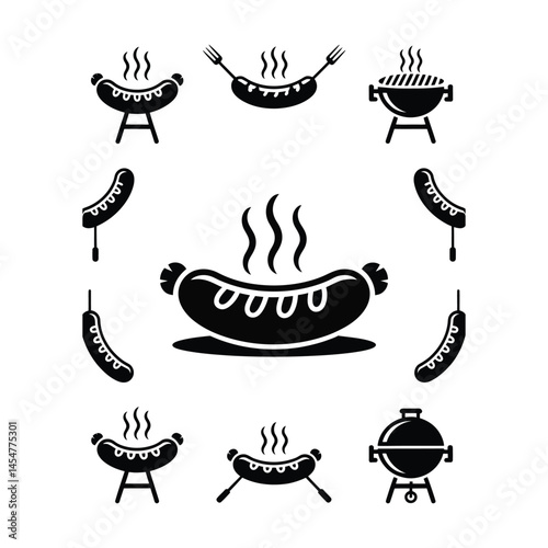 Minimalist black and white vector icons of sausages and grilled hot dogs with flat design elements