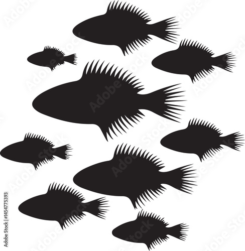 A black silhouette illustration of algae and fish in various shapes, set against a white background, creating an aquatic-themed image with dynamic elements photo