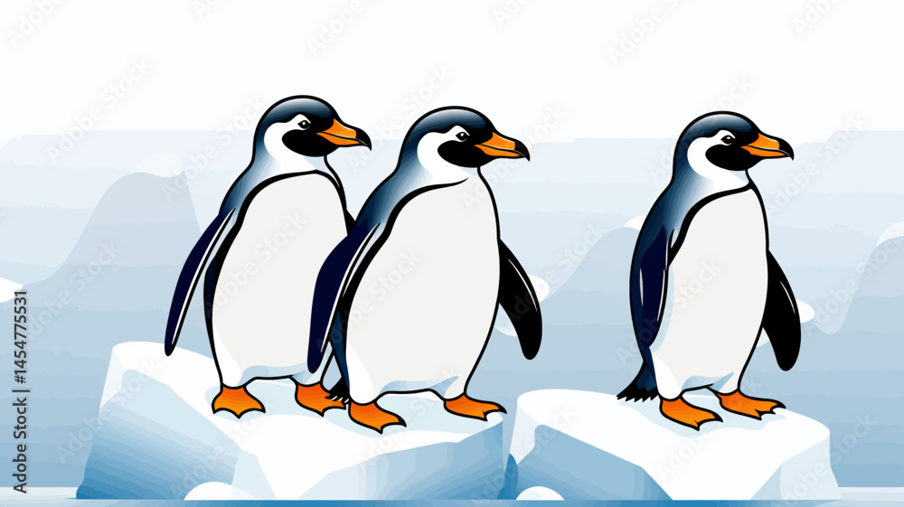 Fototapeta premium Cute Cartoon Penguins on Iceberg Illustration_Adorable Penguin Vector Art for Kids_Animal Clip Art_Educational Resources_Penguin Graphics for Arctic Projects