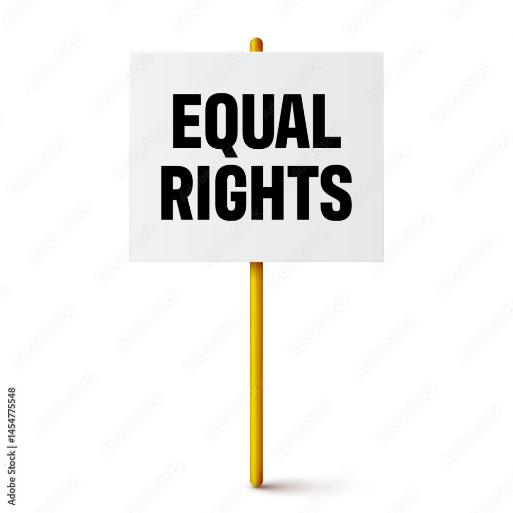 Protest sign with text slogan and wooden holder. Demonstration banner. Strike action cardboard placard mockup. Social advertisement. Vector illustration
