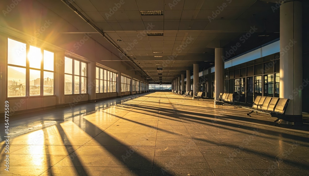 Sunlit Airport Terminal with Long Shadows and Empty Waiting Area Sunlit Airport Terminal with Long Shadows and Empty Waiting Area
