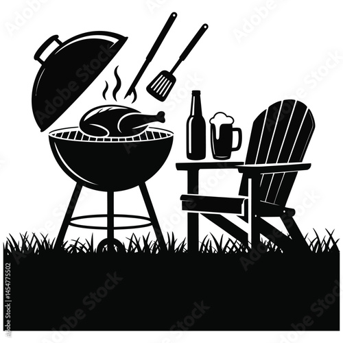 Black and white minimalist barbecue scene with grilled chicken, beer, and outdoor dining elements