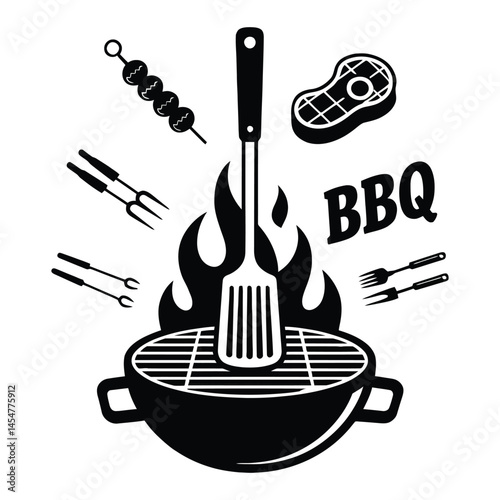 Minimalist black and white vector icons of barbecue essentials for cookout and outdoor dining themes
