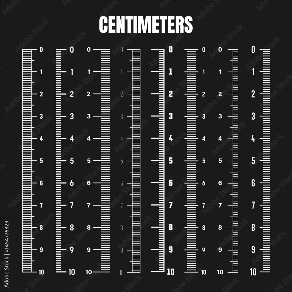 Vertical centimeter scale for measuring length or height. Various measurement scales with divisions. Ruler, tape measure marks, size indicators. Vector illustration