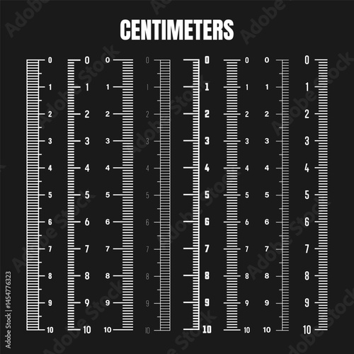 Obraz na płótnie Vertical centimeter scale for measuring length or height. Various measurement scales with divisions. Ruler, tape measure marks, size indicators. Vector illustration w salonie
