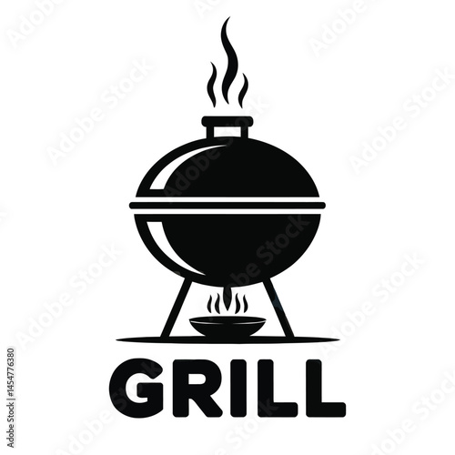 Minimalist black and white icon of a charcoal barbecue grill with rising smoke in vector style