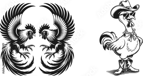Cockfighting and cowboy chicken, vector illustration.