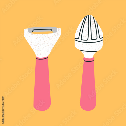 Set of kitchen tools: a vegetable peeler and a cone juicer. Vector illustration. For kitchenware catalogs, cooking blogs, recipe books or culinary school promotional materials.