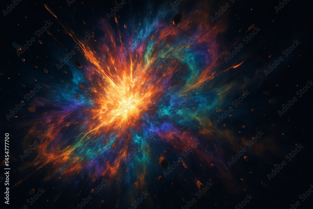 Cosmic explosion bursts with vibrant colors against dark background filled with floating asteroids creating dramatic space scene Cosmic explosion bursts with vibrant colors against dark background filled with floating asteroids creating dramatic space scene