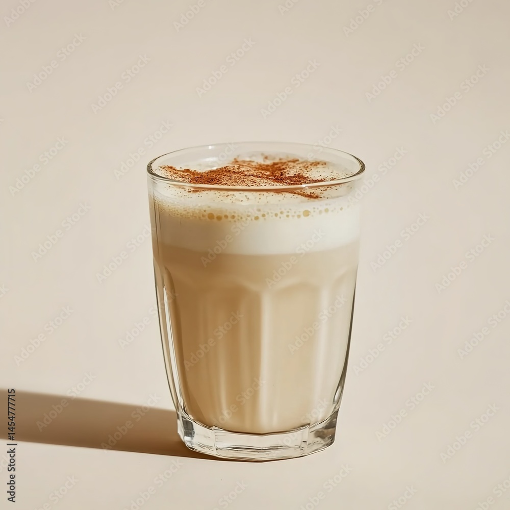 A milk-based drink topped with cinnamon powder on a plain background. A milk-based drink topped with cinnamon powder on a plain background.