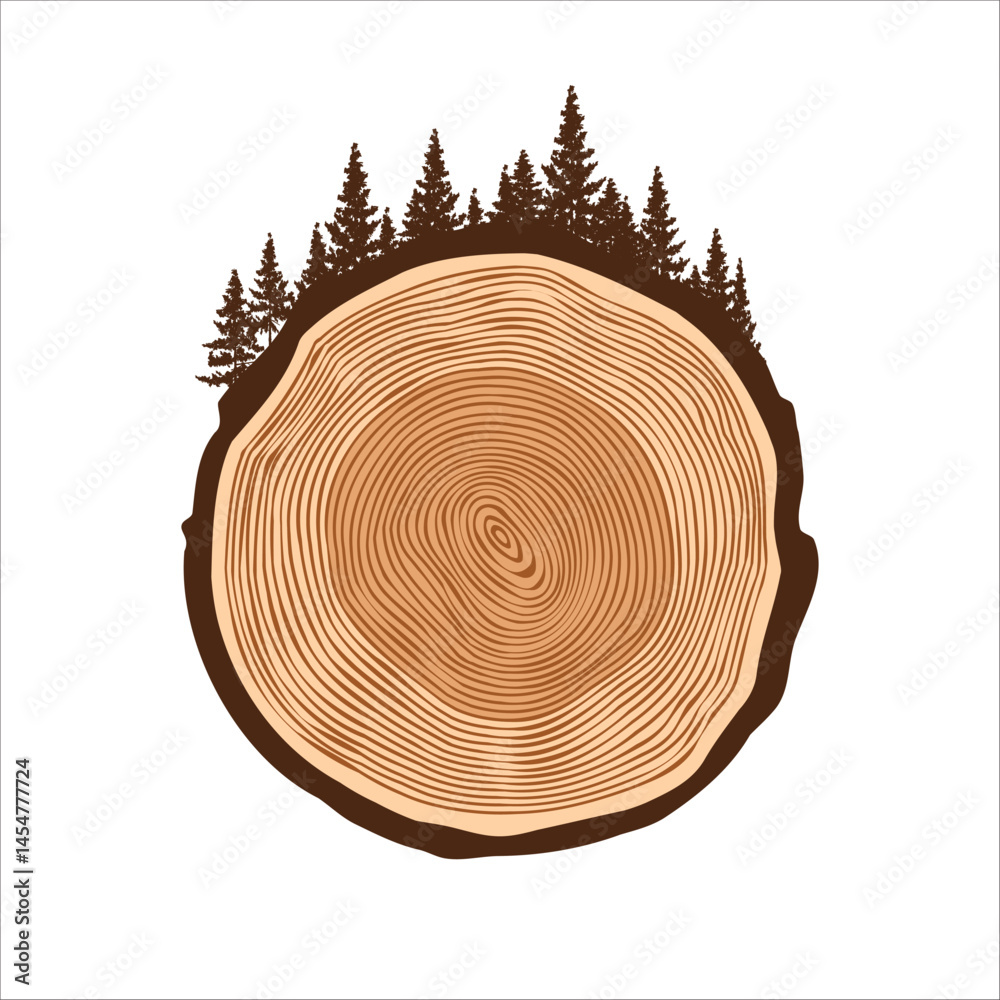 Round tree trunk cut with trees and forest. Sawn pine or oak slice, lumber. Saw cut timber, wood. Brown wooden texture with tree rings. Hand drawn sketch. Vector illustration