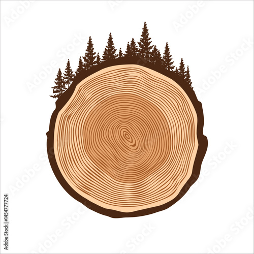 Obraz na płótnie Round tree trunk cut with trees and forest. Sawn pine or oak slice, lumber. Saw cut timber, wood. Brown wooden texture with tree rings. Hand drawn sketch. Vector illustration w salonie
