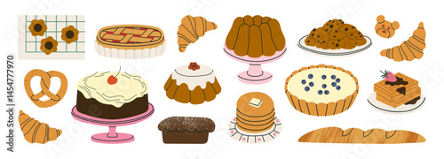 A set of vector illustrations depicting a variety of baked goods—cakes, pies, cookies, pancakes, bread etc. For bakery branding, dessert shop menus, recipe blogs or food festival promotional materials