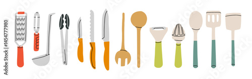 Big set an essential kitchen tools like a ladle, a hand grater, a vegetable peeler, kitchen tongs, a cone juicer, knives, spatula. Vector illustration. For kitchenware catalogs, cooking blogs etc.