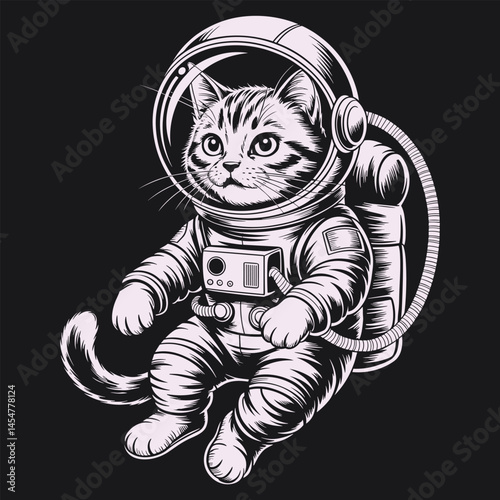 Astronaut cat isolated on black background, vector illustration.