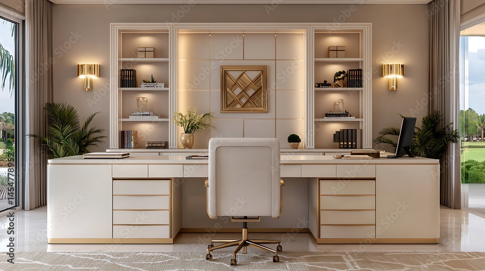 Fototapeta premium Luxurious Home Office Interior with Modern Desk, Cream Chair, Bookshelves, and Natural Light Filling the Room