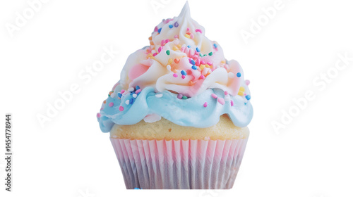 A close up of a single cupcake with pastel frosting and colorful sprinkles on a white background