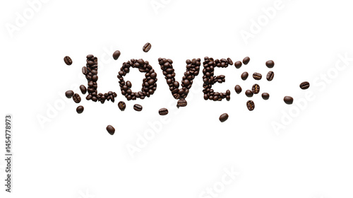 The word love spelled out with coffee beans on a white background in a studio shot