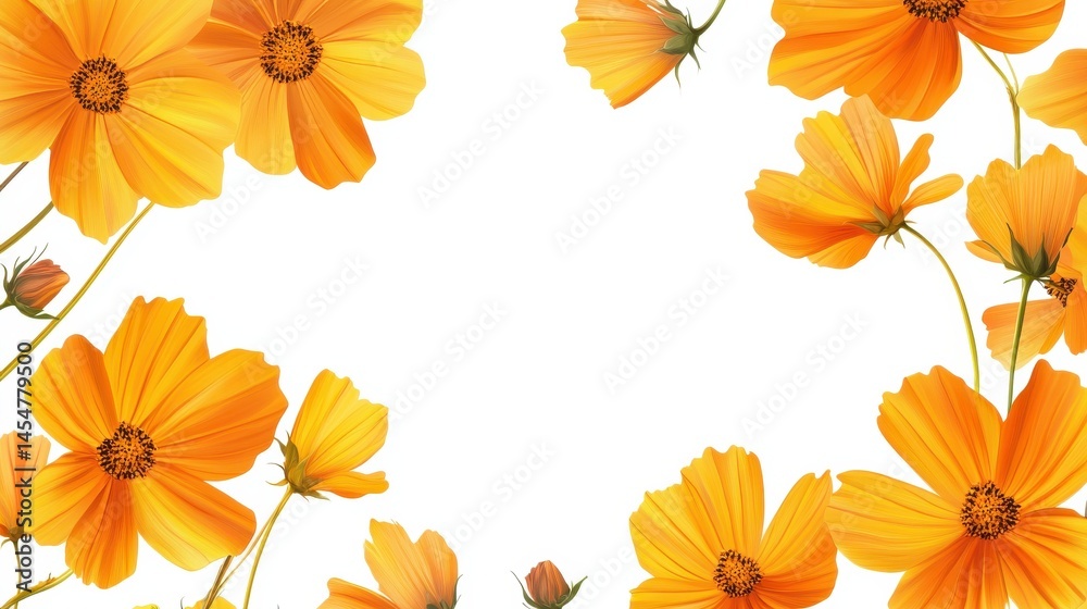 Fototapeta premium Banner with yellow flowers on isolated background. Postcard, card. Border frame with empty copy space for design or text.